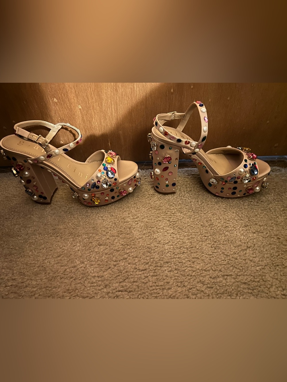 Gianni Bini Nude Platform Heels with Multicolored Gems - Picture 5 of 7